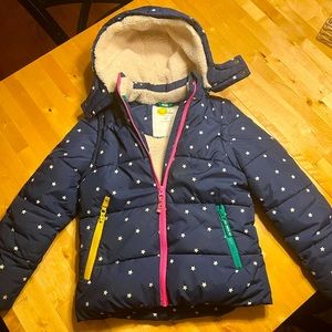 Mini Boden Navy Star Puffer Jacket with Pink, Yellow & Green Accents